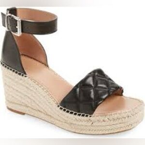 Nordstrom Carmen Black Leather Slip On Buckle Ankle Strap Wedge Sandals 9.5‎